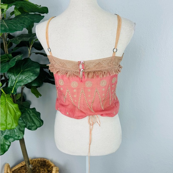 Rebecca Taylor Y2K Coral Pink Silk Blend Crochet Fringe Camo Bubble Crop Top - Picture 6 of 7